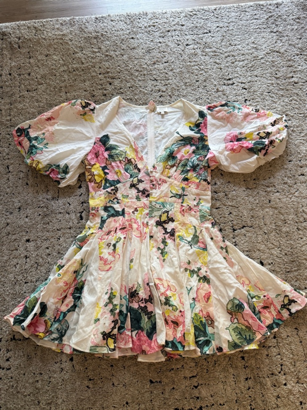 HEMANT & NANDITA White Dress with Pink, Green & Yellow Floral Print